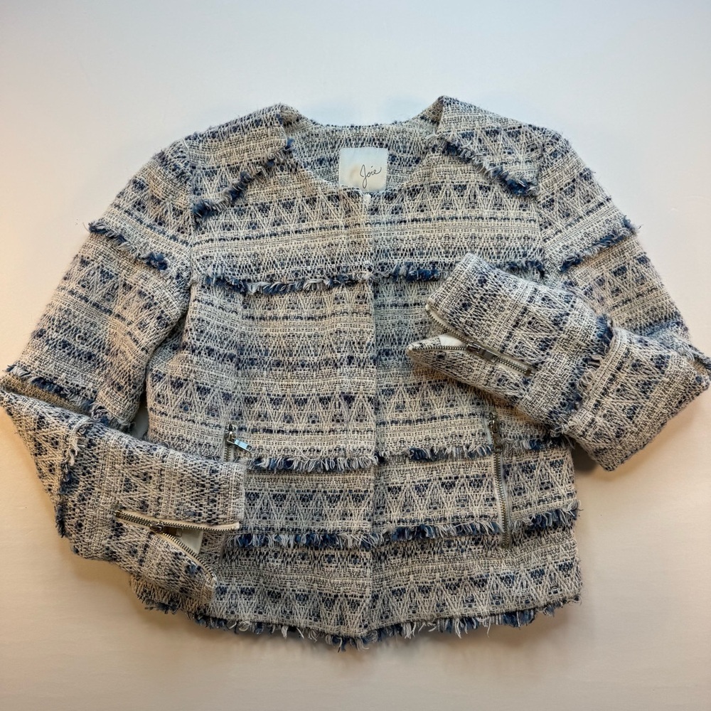 Joie Tesita Boucle Zip Jacket Blue Tweed Soze Small